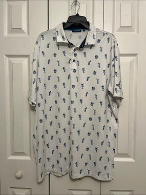 Devereux Men's White Polo with Blue Golf Print - Performance Short Sleeve XL